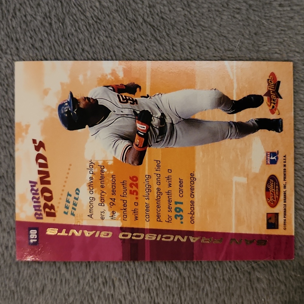 1994 MLB Pinnacle Starflics Barry Bonds Trading Card - Picture 2 of 2